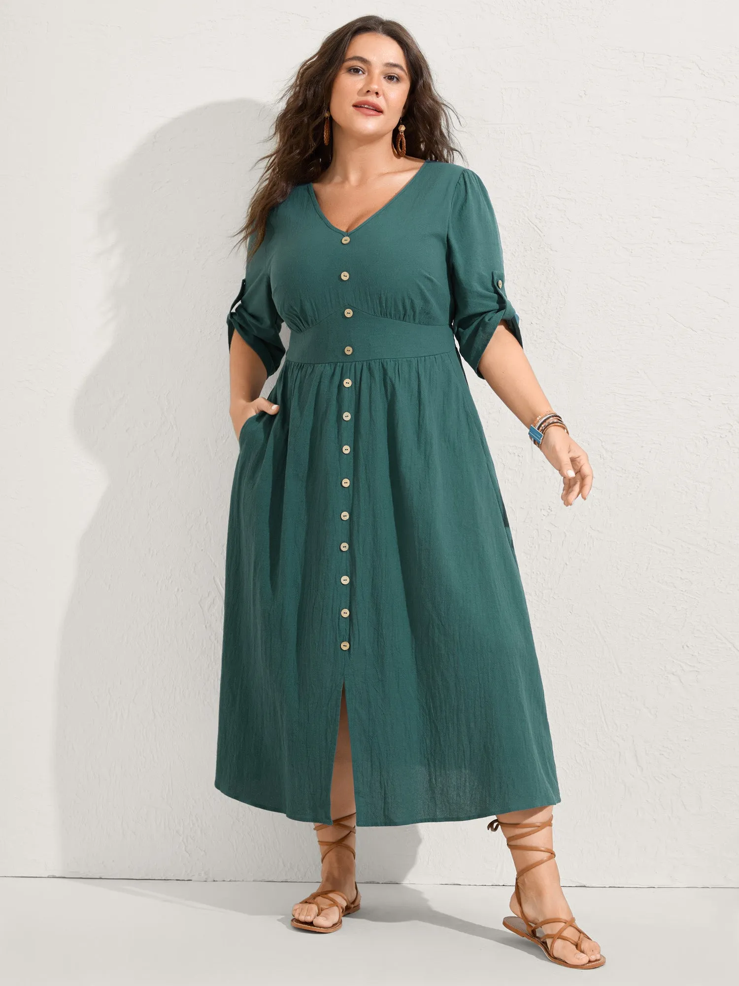 Pure Cotton Button Gathered Sleeve Midi Dress sold by Bloomchic product image thumbnail 3