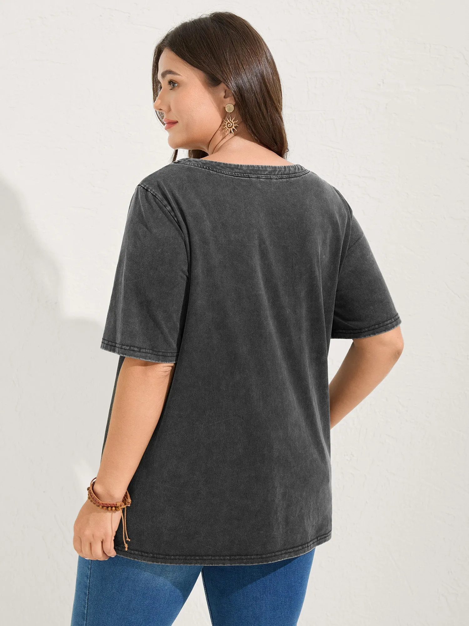 Cotton Vintage Wash Neck Cut-Out T-Shirt sold by Bloomchic product image thumbnail 4