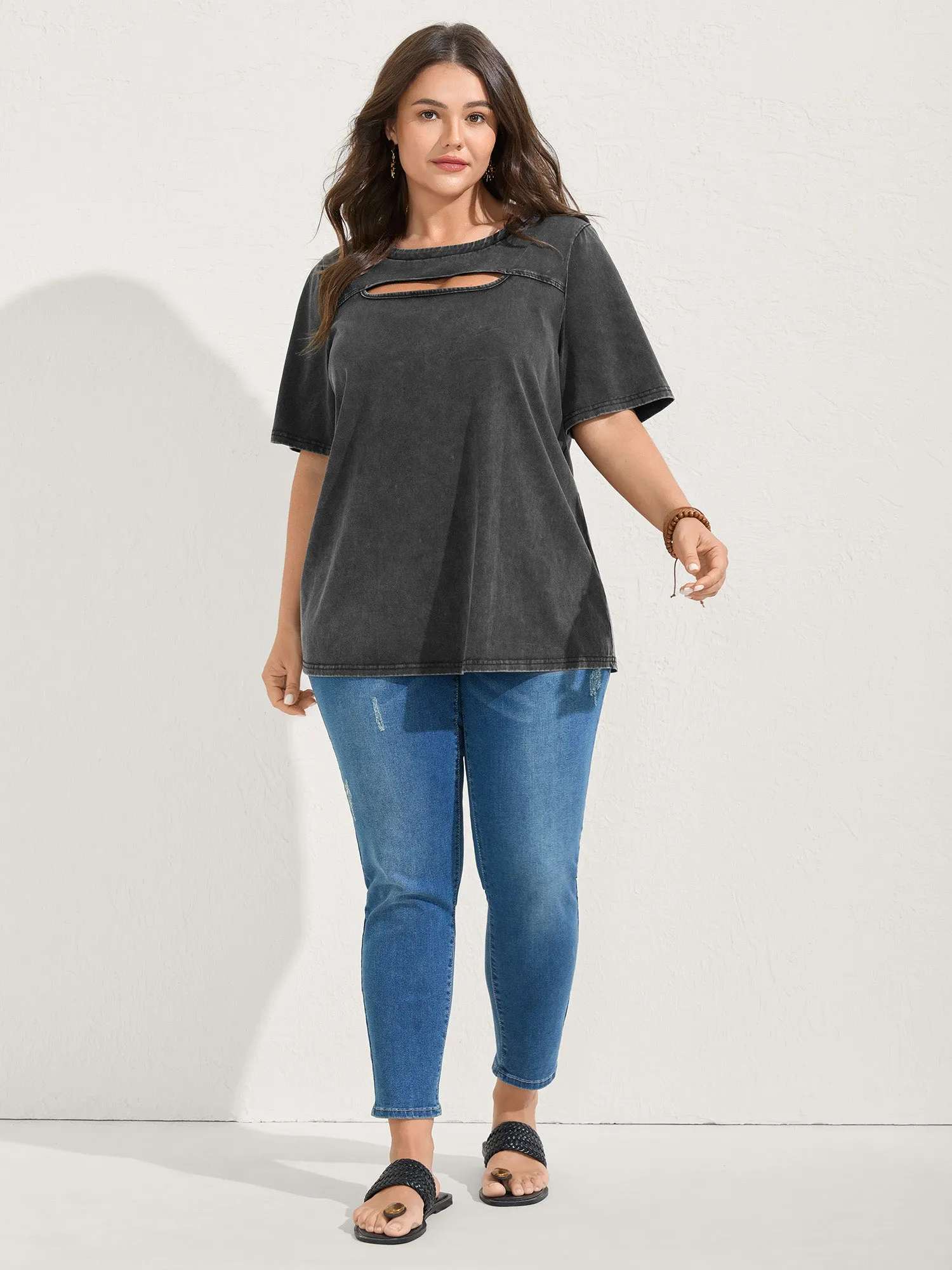 Cotton Vintage Wash Neck Cut-Out T-Shirt sold by Bloomchic product image thumbnail 3