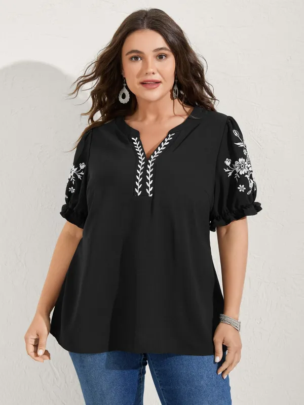 Notched Collar Embroidered Ruffled Blouse sold by Bloomchic