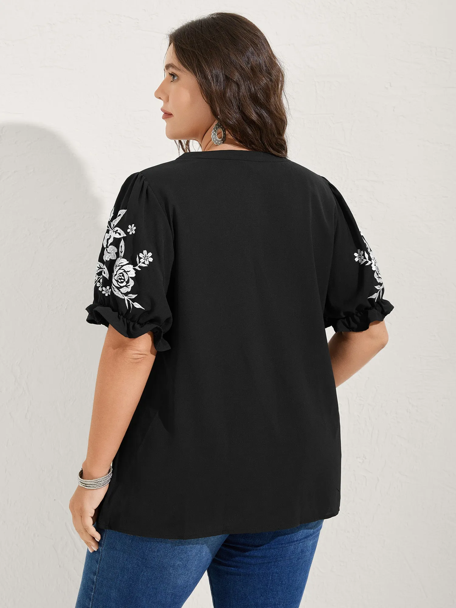 Notched Collar Embroidered Ruffled Blouse sold by Bloomchic product image thumbnail 5