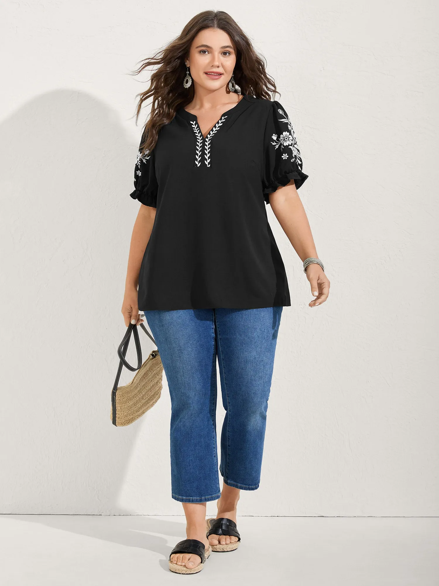 Notched Collar Embroidered Ruffled Blouse sold by Bloomchic product image thumbnail 4