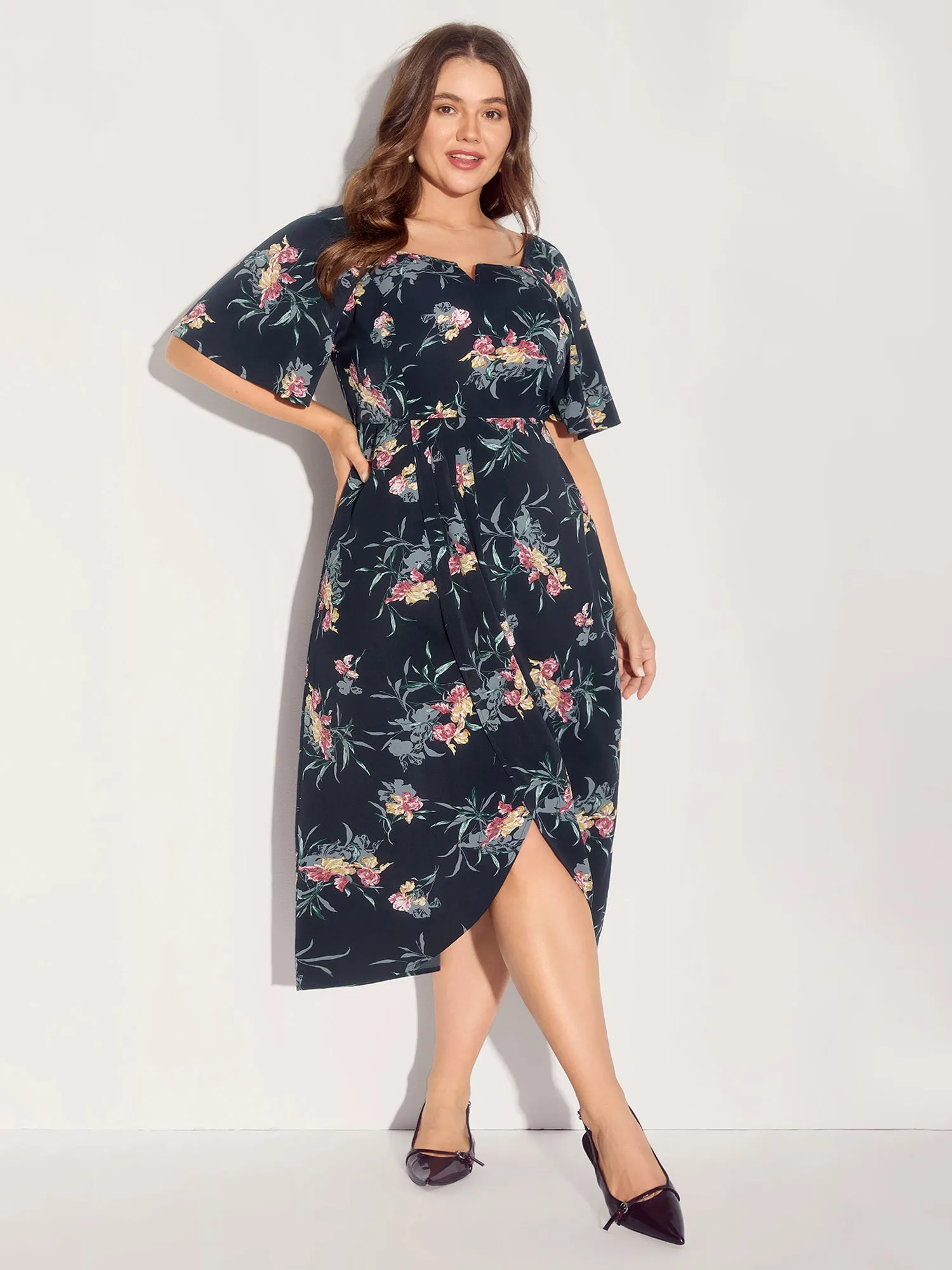 Notched Collar Floral Print Overlap Midi Dress sold by Bloomchic