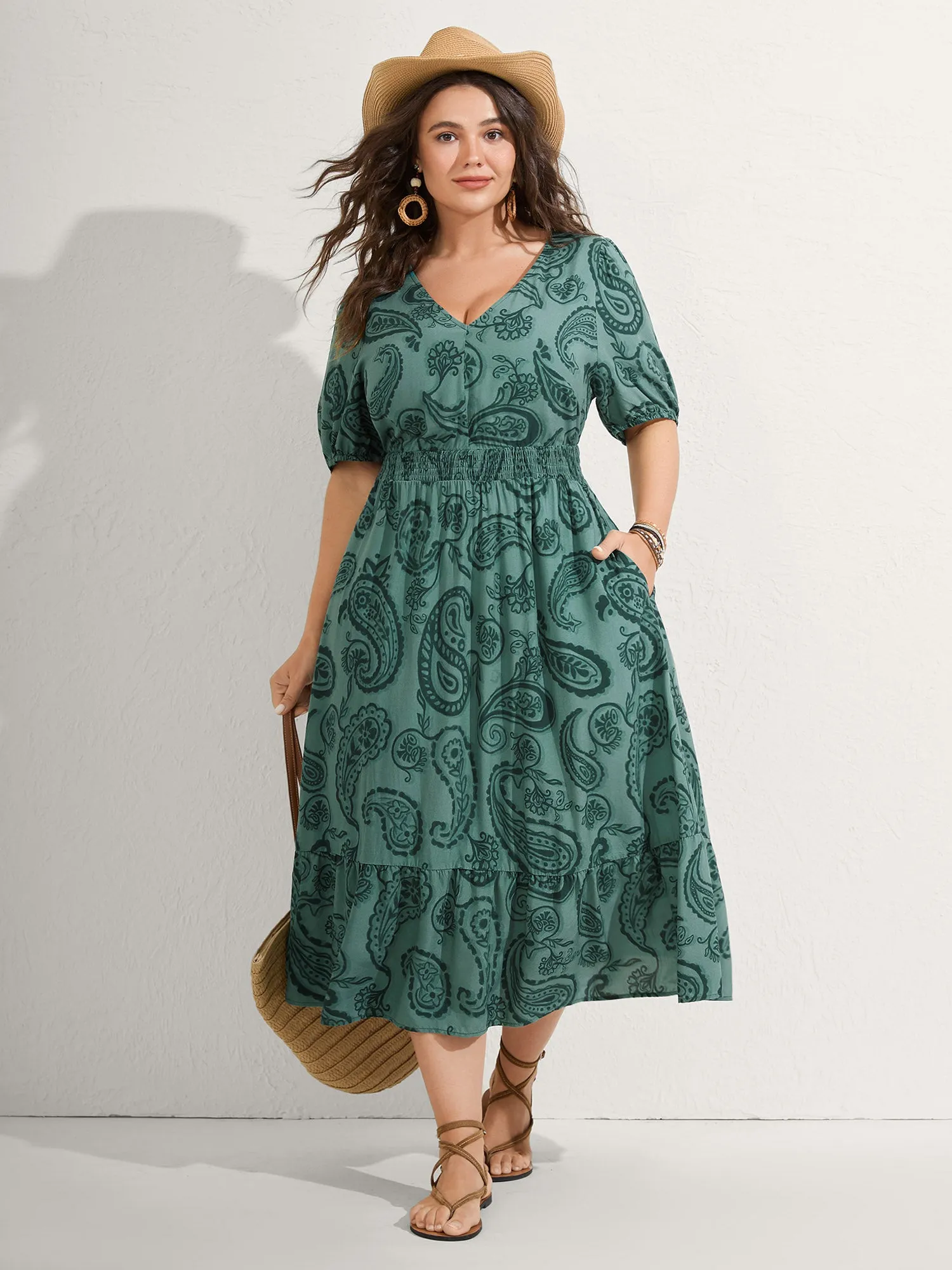 Paisley Print Shirred Waist Midi Dress sold by Bloomchic