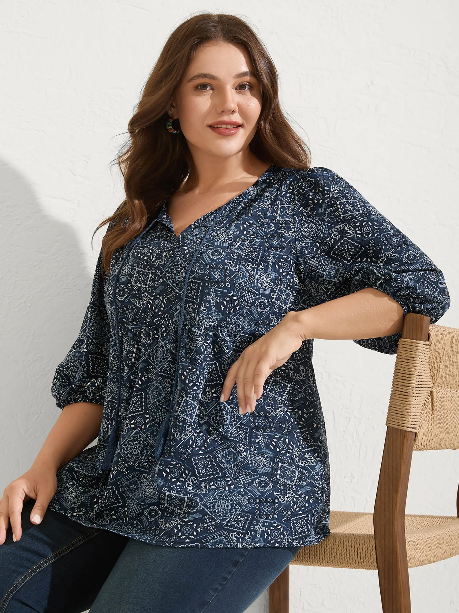 Boho Print Neck Tie Lantern Sleeve Blouse sold by Bloomchic