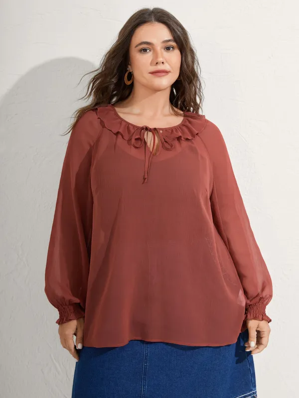 Sheer Ruffled Neck Flowy Solid Blouse sold by Bloomchic