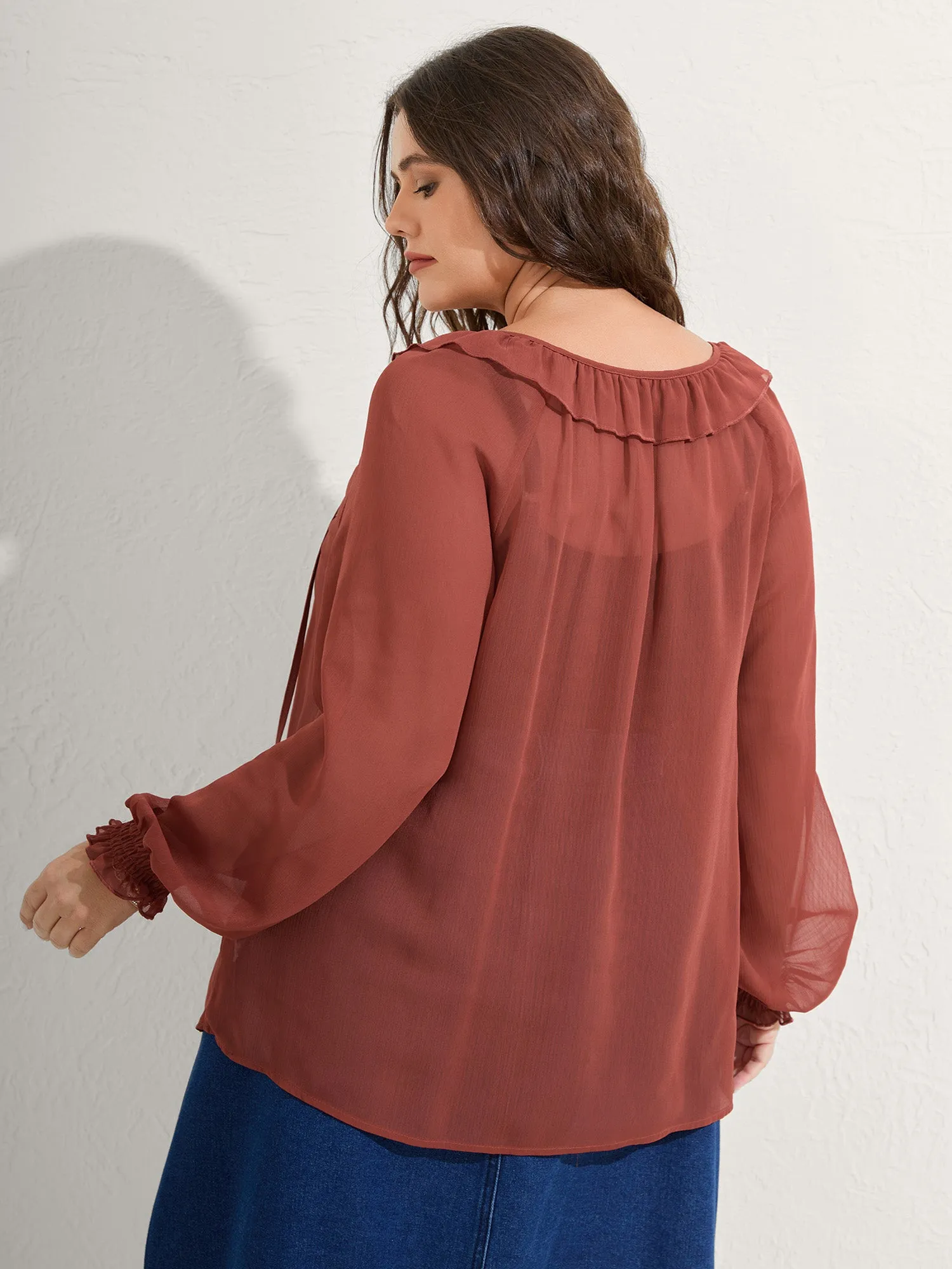 Sheer Ruffled Neck Flowy Solid Blouse sold by Bloomchic product image thumbnail 4