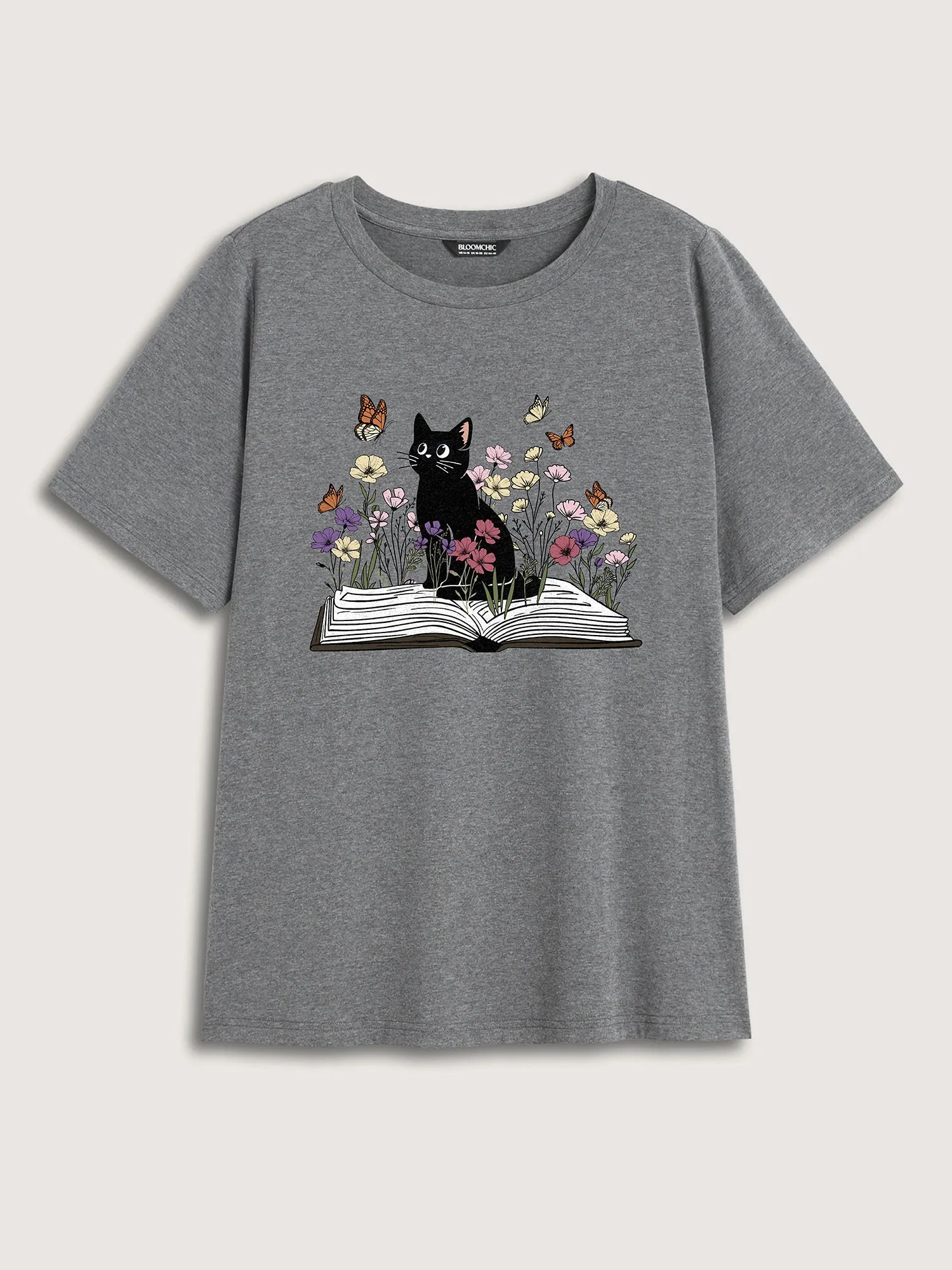 Bookish Cat Printed Round Neck T-Shirt sold by Bloomchic