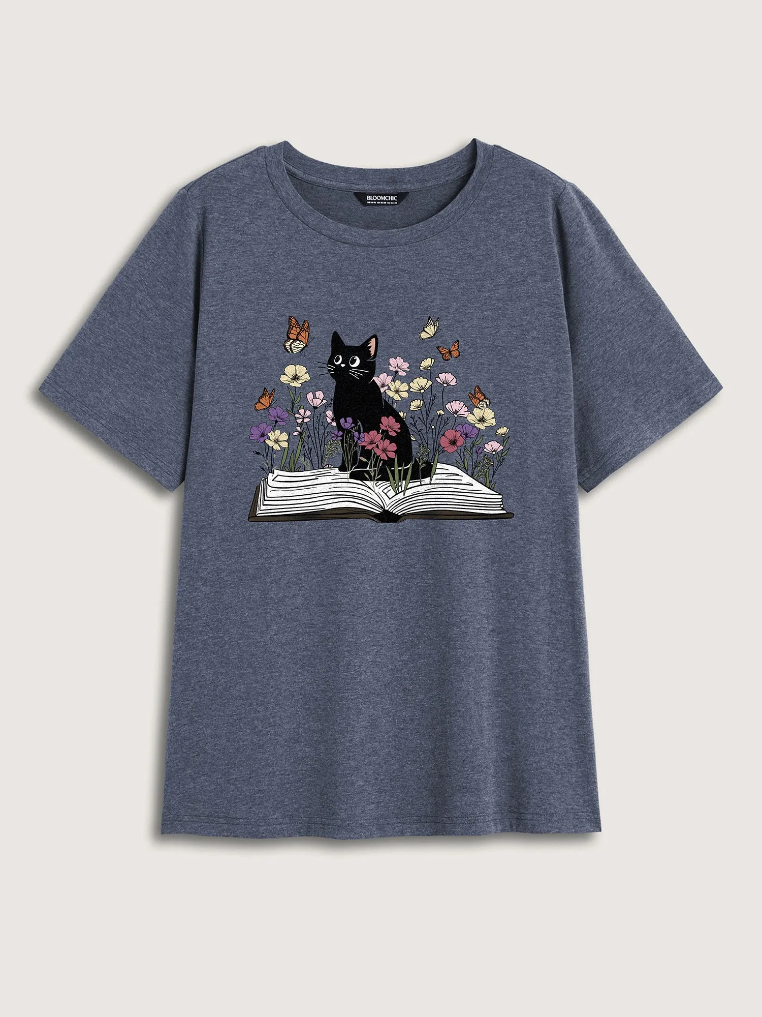 Bookish Cat Printed Round Neck T-Shirt sold by Bloomchic product image thumbnail 5