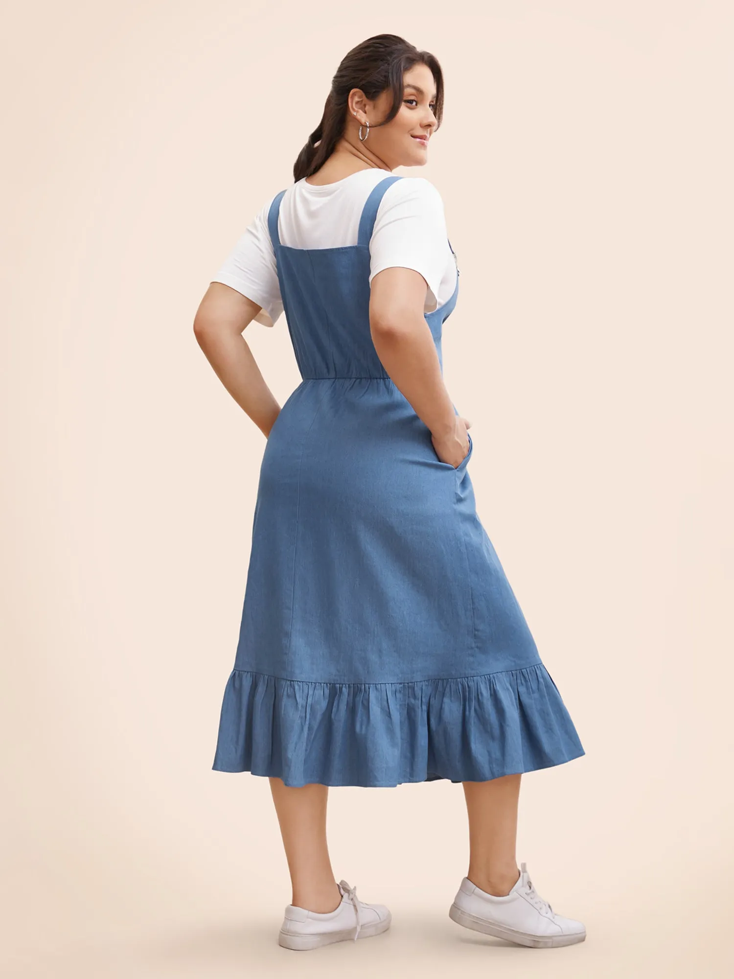 Denim Ruffle Trim Button Detail Dress sold by Bloomchic product image thumbnail 4