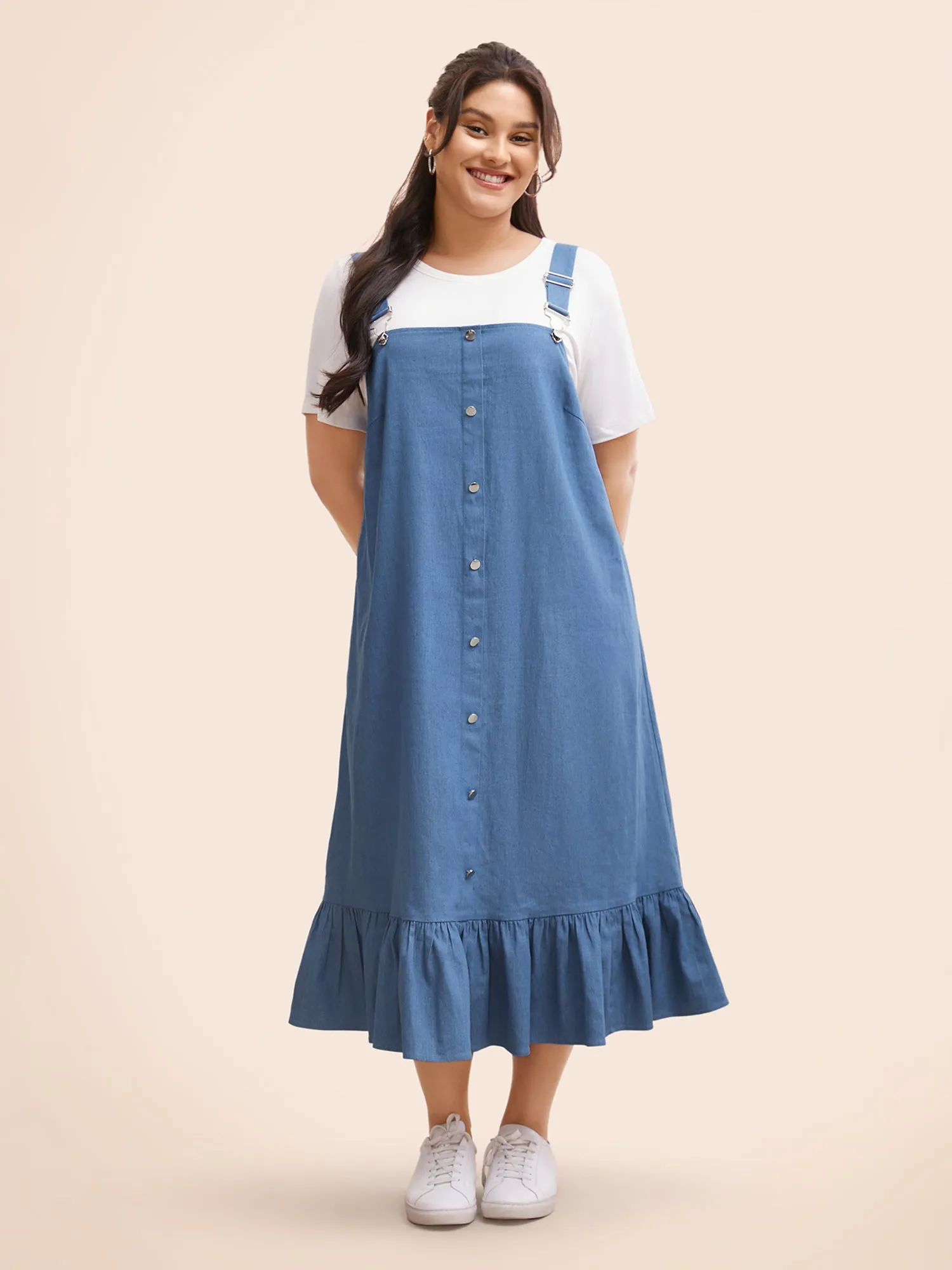 Denim Ruffle Trim Button Detail Dress sold by Bloomchic