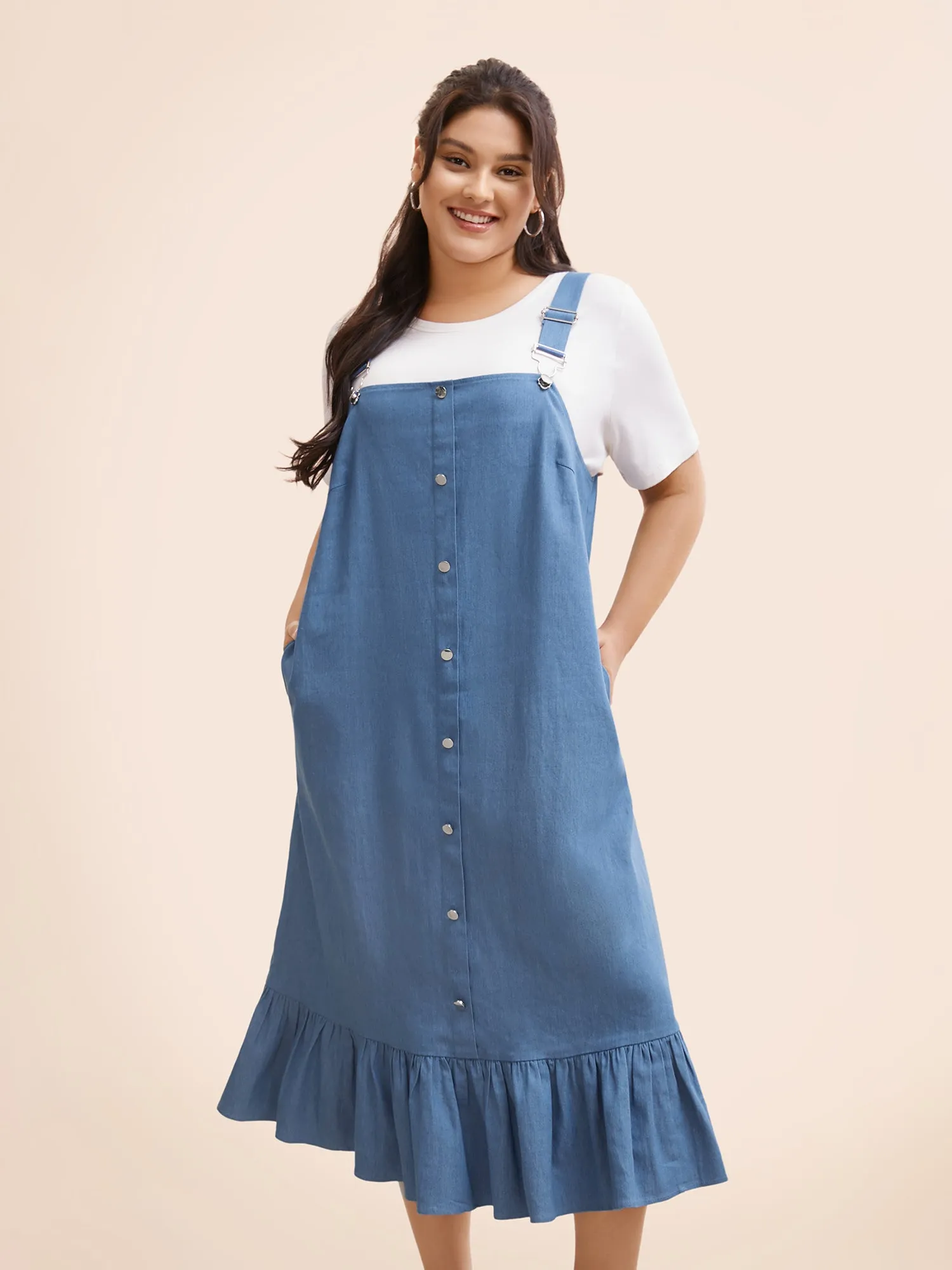Denim Ruffle Trim Button Detail Dress sold by Bloomchic product image thumbnail 3