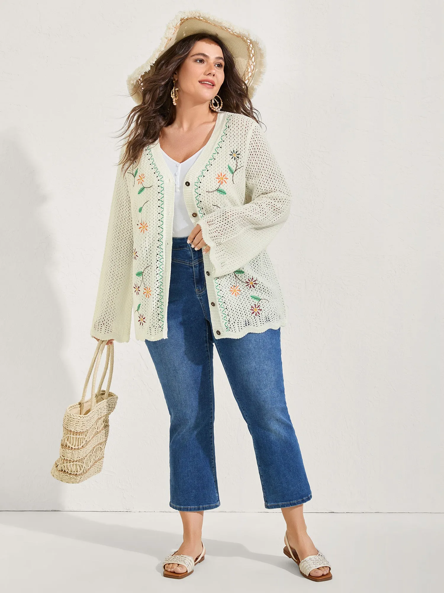 Floral Embroidery Flared Sleeve Knit Cardigan sold by Bloomchic product image thumbnail 3