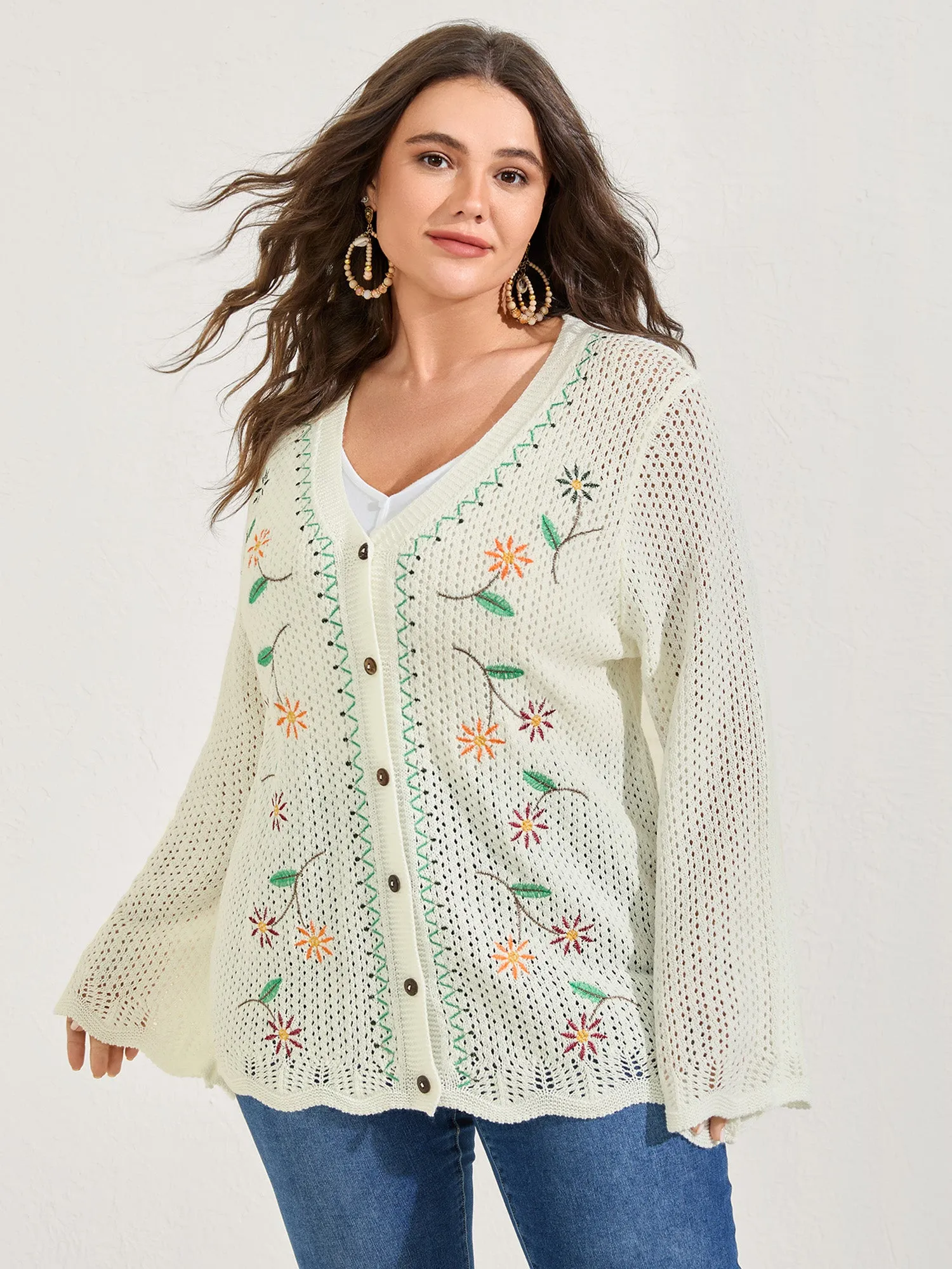 Floral Embroidery Flared Sleeve Knit Cardigan sold by Bloomchic