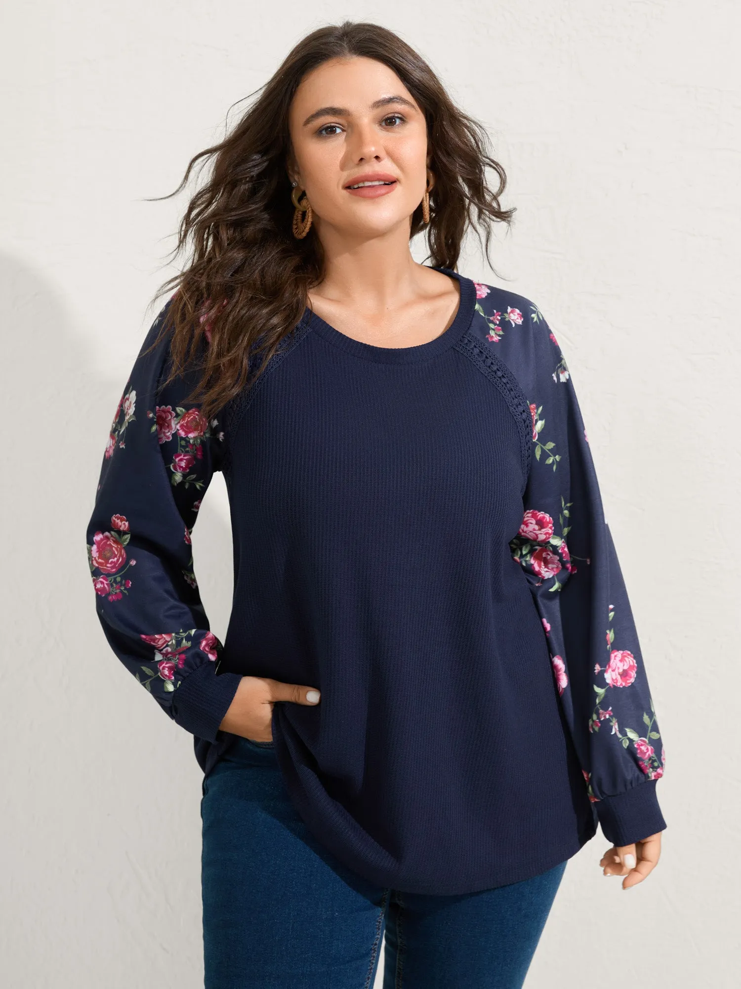 Rosy Sleeve Textured Lace Solid Sweatshirt sold by Bloomchic