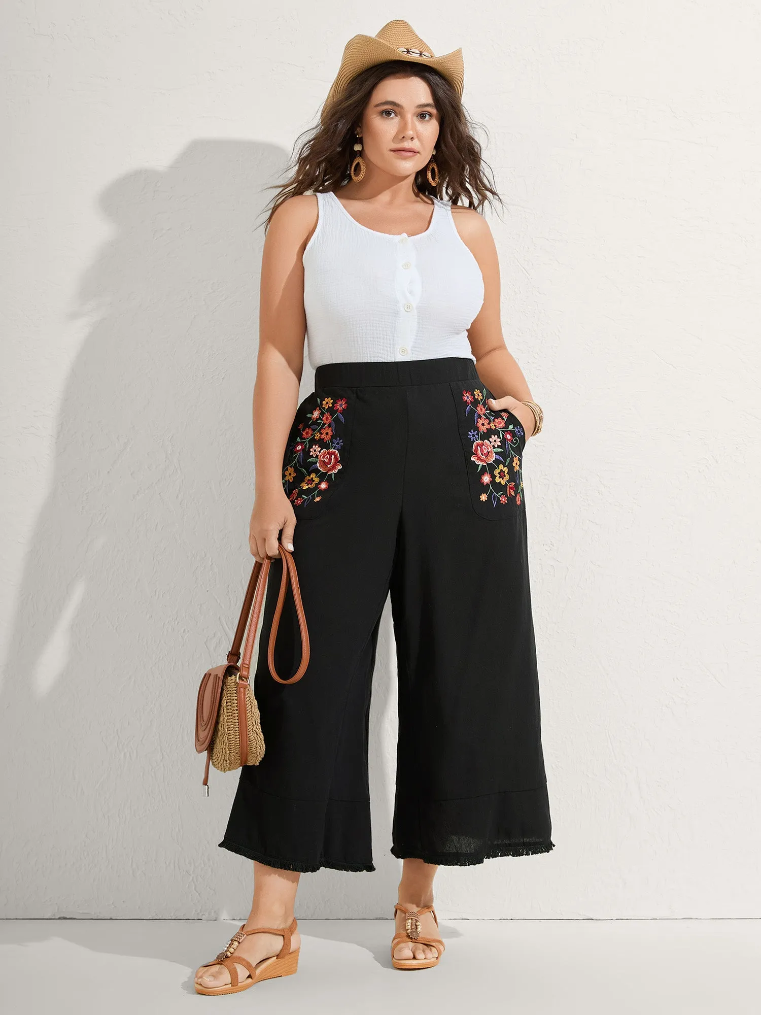 Cotton Floral Embroidered Pockets Ribbed Hem Pants sold by Bloomchic product image thumbnail 2
