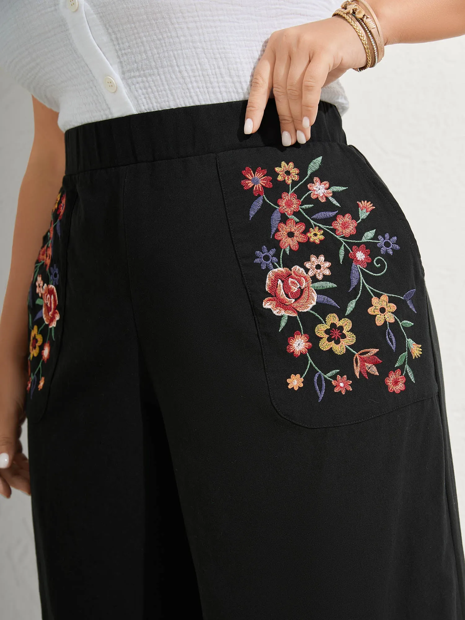 Cotton Floral Embroidered Pockets Ribbed Hem Pants sold by Bloomchic product image thumbnail 3