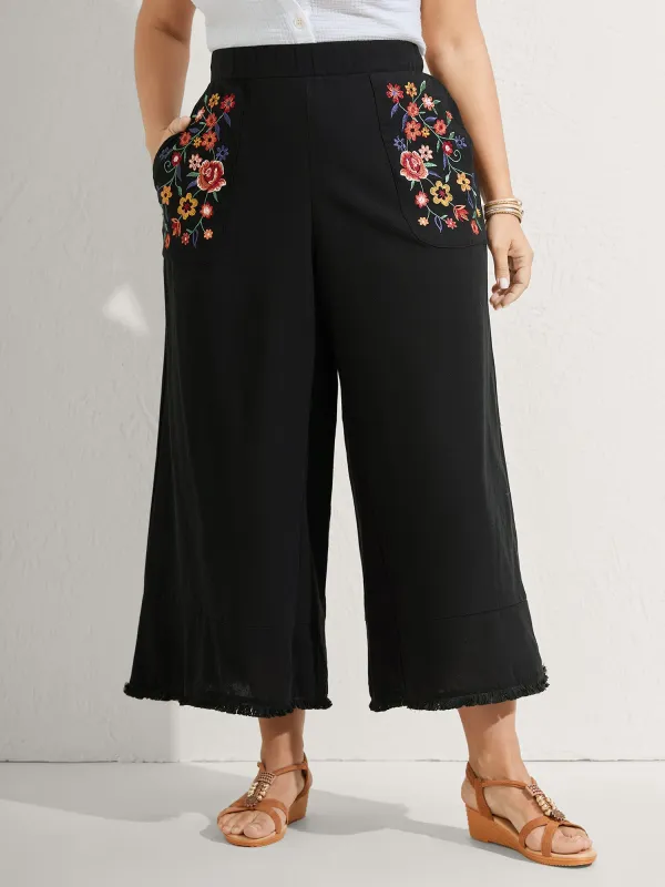 Cotton Floral Embroidered Pockets Ribbed Hem Pants sold by Bloomchic