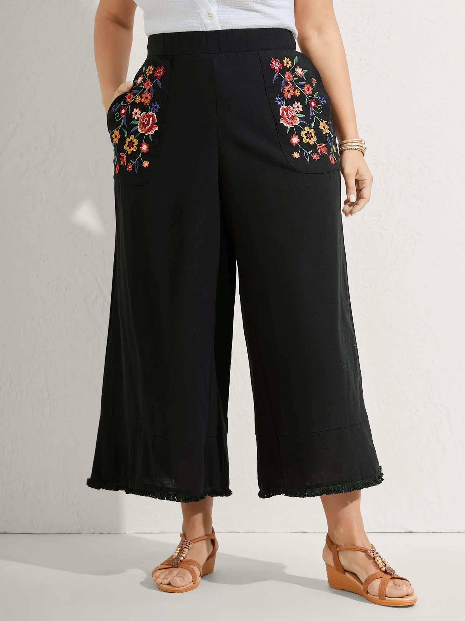 Cotton Floral Embroidered Pockets Ribbed Hem Pants sold by Bloomchic