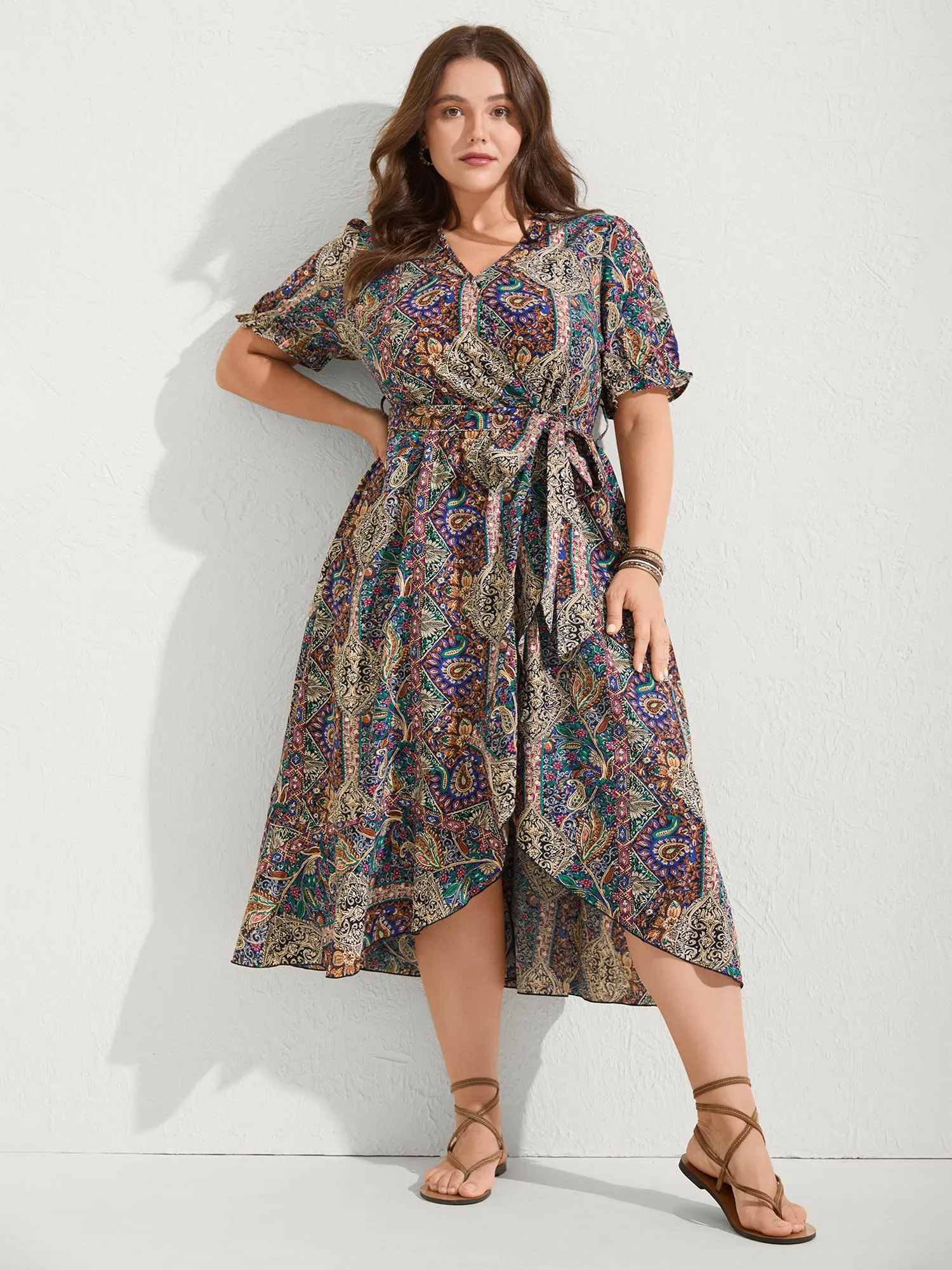 Boho Print Overlap Hem Belted Midi Dress sold by Bloomchic product image thumbnail 3