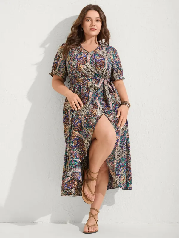 Boho Print Overlap Hem Belted Midi Dress sold by Bloomchic