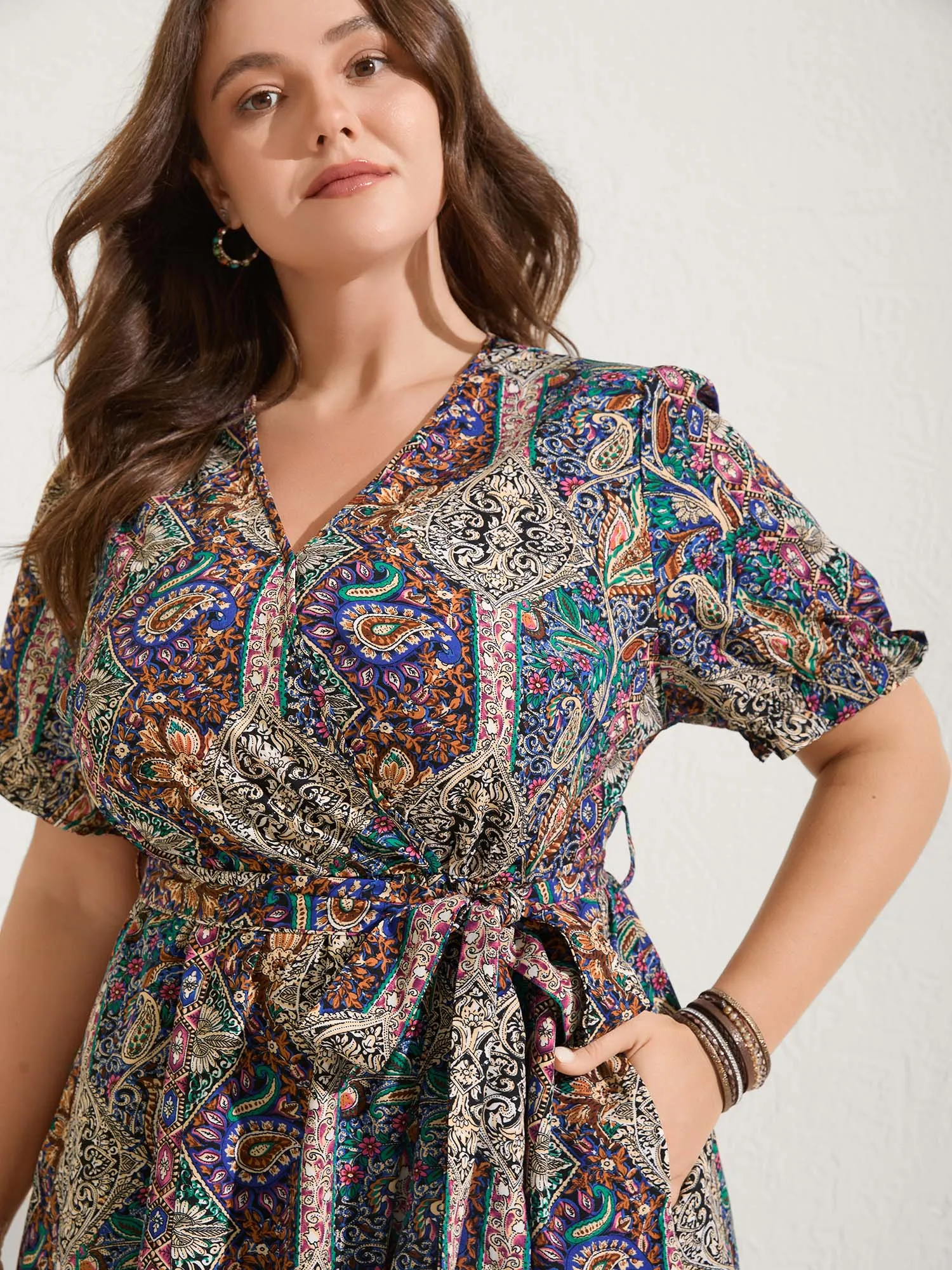 Boho Print Overlap Hem Belted Midi Dress sold by Bloomchic product image thumbnail 2