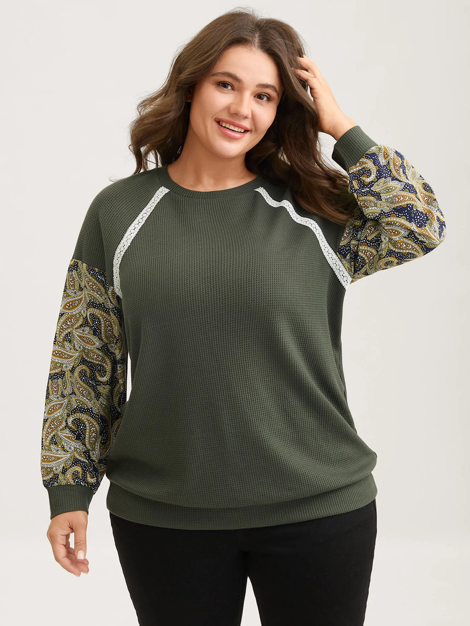 Paisley Sleeve Textured Contrast Sweatshirt sold by Bloomchic