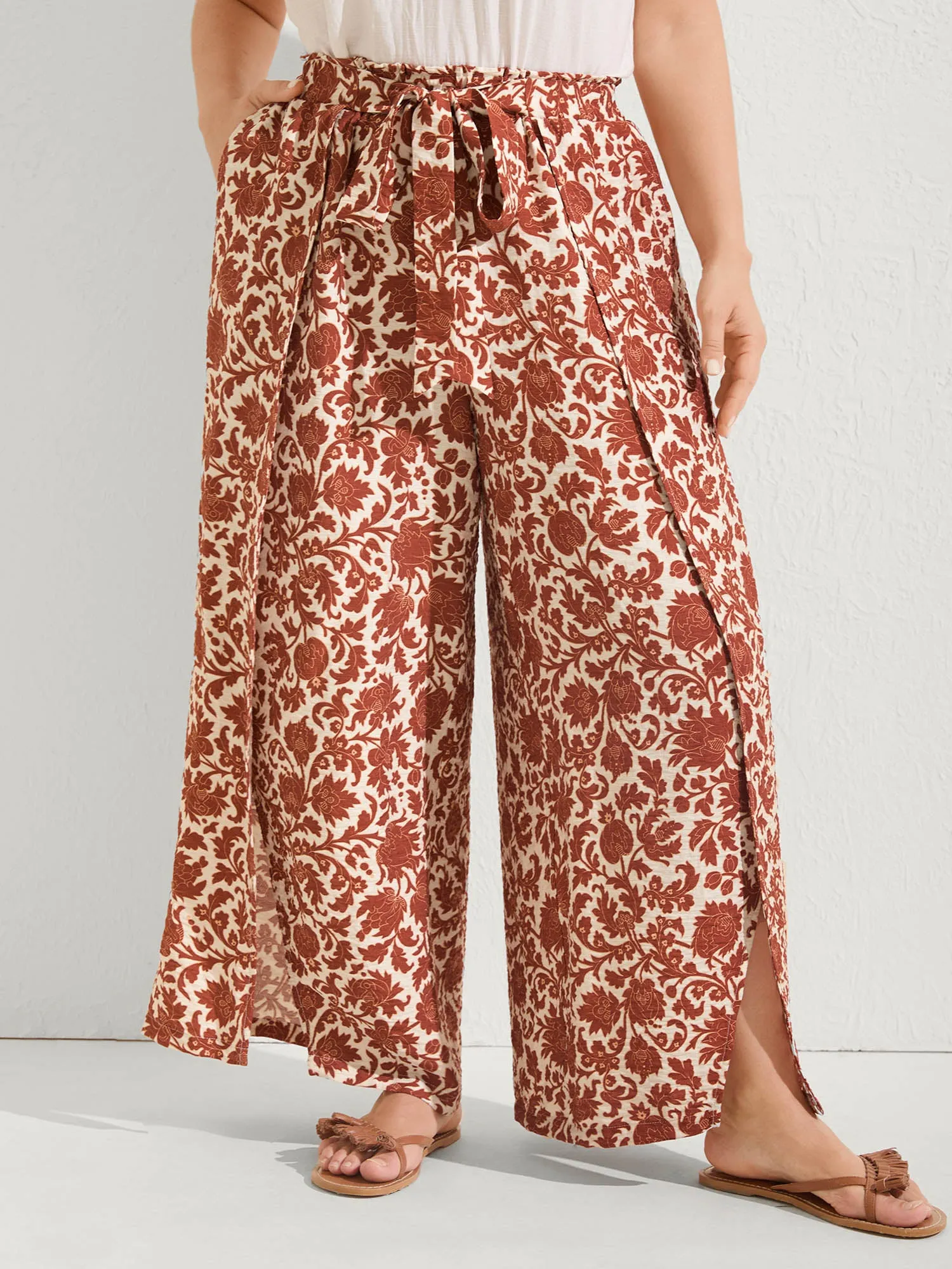 Boho Overlap Slit Belted Wide-Leg Pants sold by Bloomchic