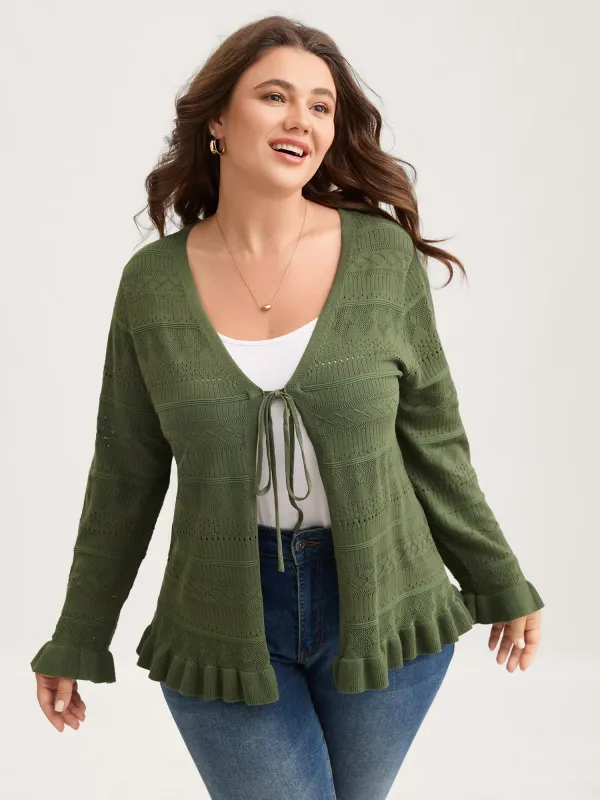 Ruffled Hem Front Tie Textured Lightweight Cardigan sold by Bloomchic