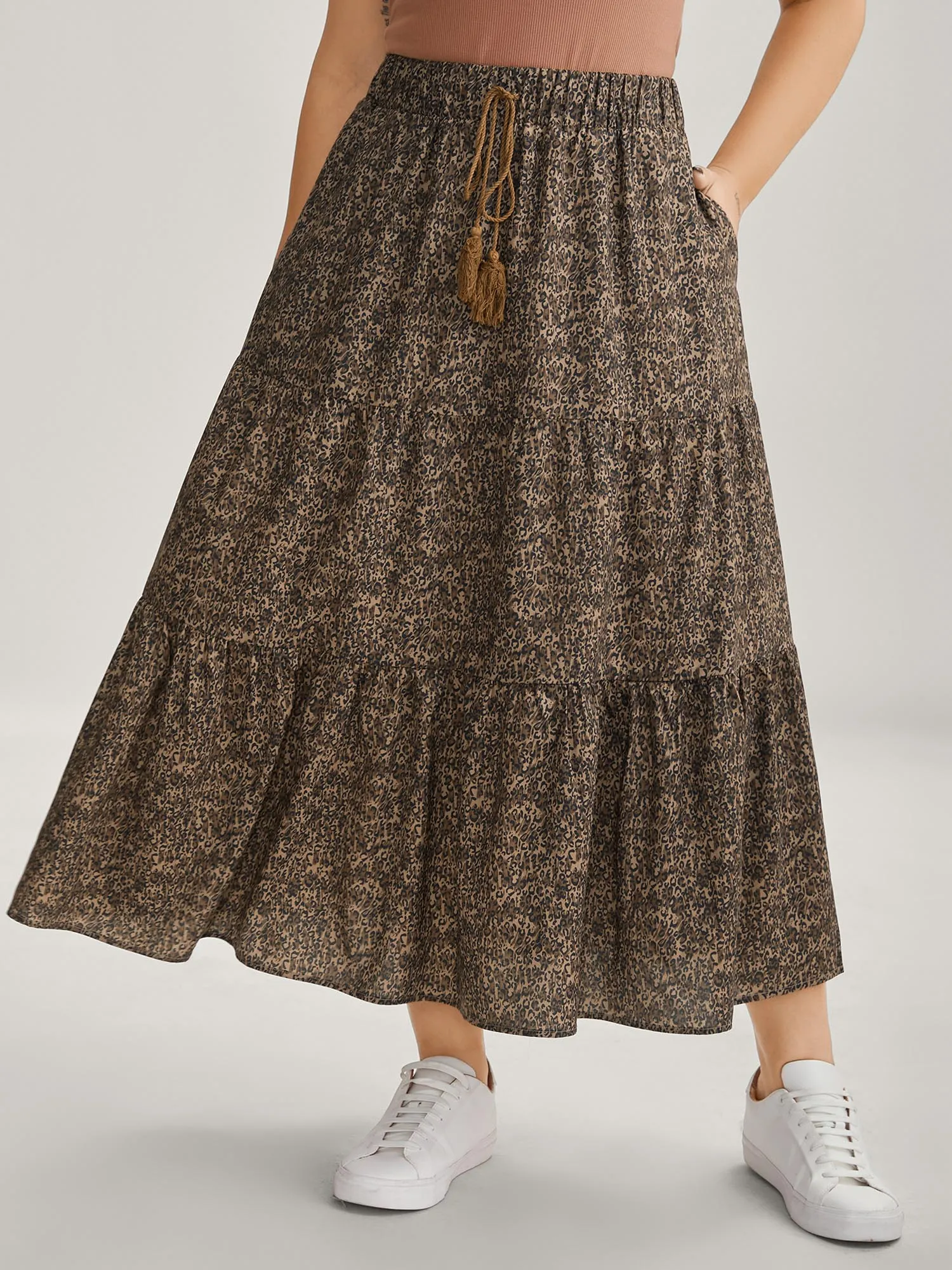 Leopard Print Tiered Midi Skirt sold by Bloomchic