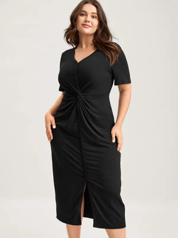 Twist Front Button Slit Midi Dress made by Bloomchic