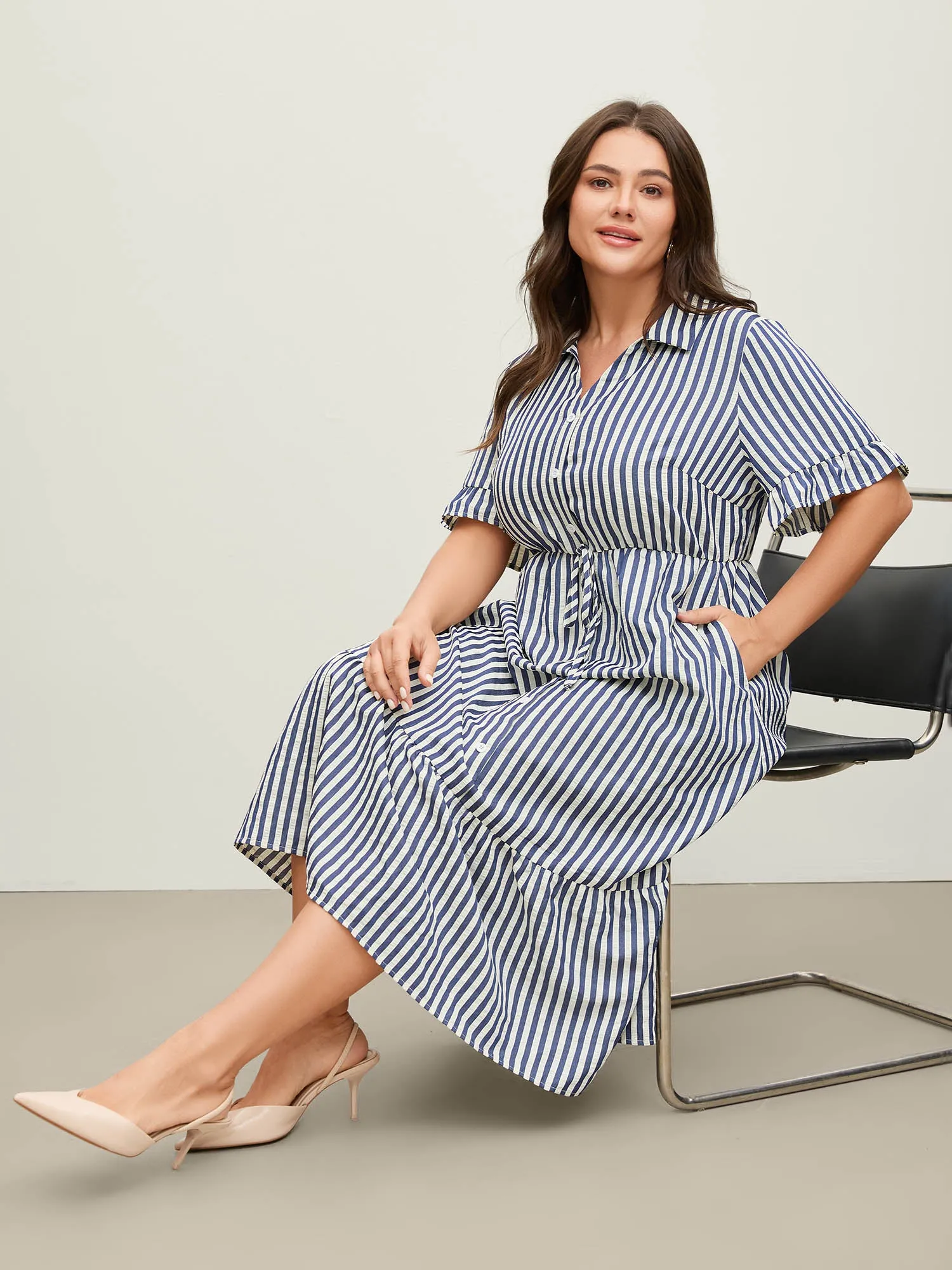 Striped Tie-Front Midi Shirt Dress sold by Bloomchic product image thumbnail 3