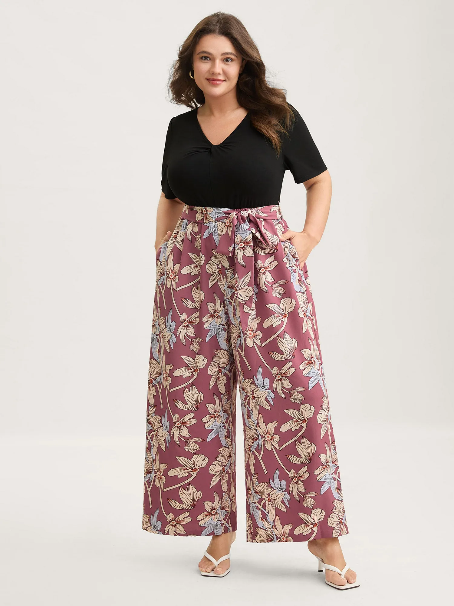Color Contrast Floral Belted Jumpsuit sold by Bloomchic