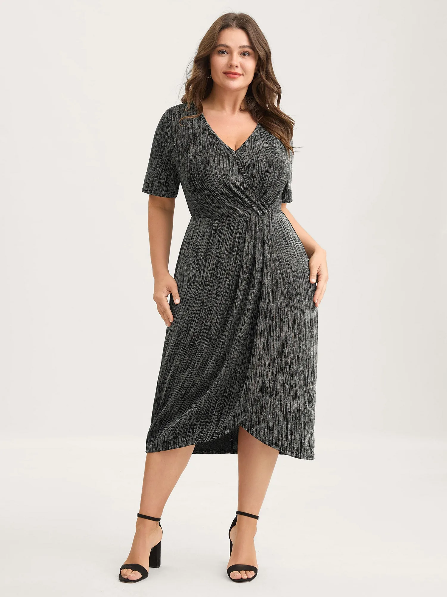 Stretchy Asymmetrical Hem Surplice Midi Dress sold by Bloomchic product image thumbnail 3