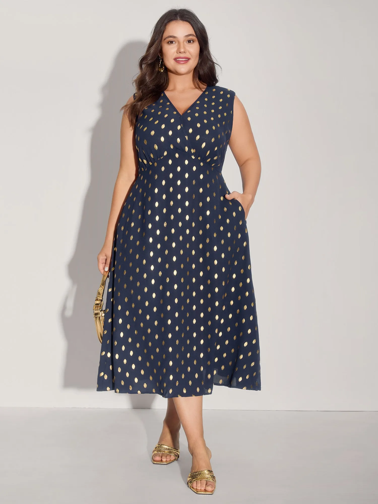 Gold Polka Dots Waist-Defining Midi Dress sold by Bloomchic
