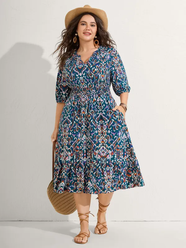Abstract Print Shirred Waist Midi Dress sold by Bloomchic