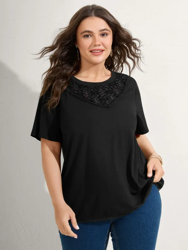 Lace Neck Flowy Sleeve Solid T-Shirt sold by Bloomchic
