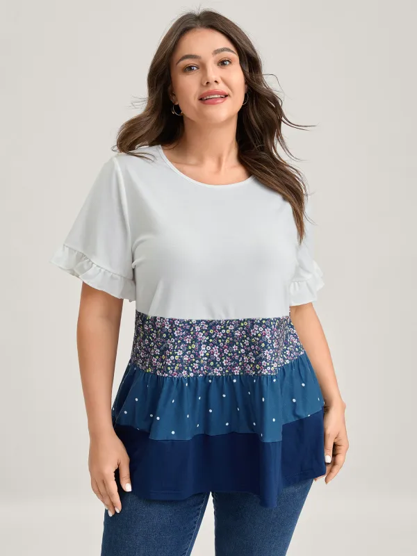Color Contrast Floral Tiered Knit Top made by Bloomchic