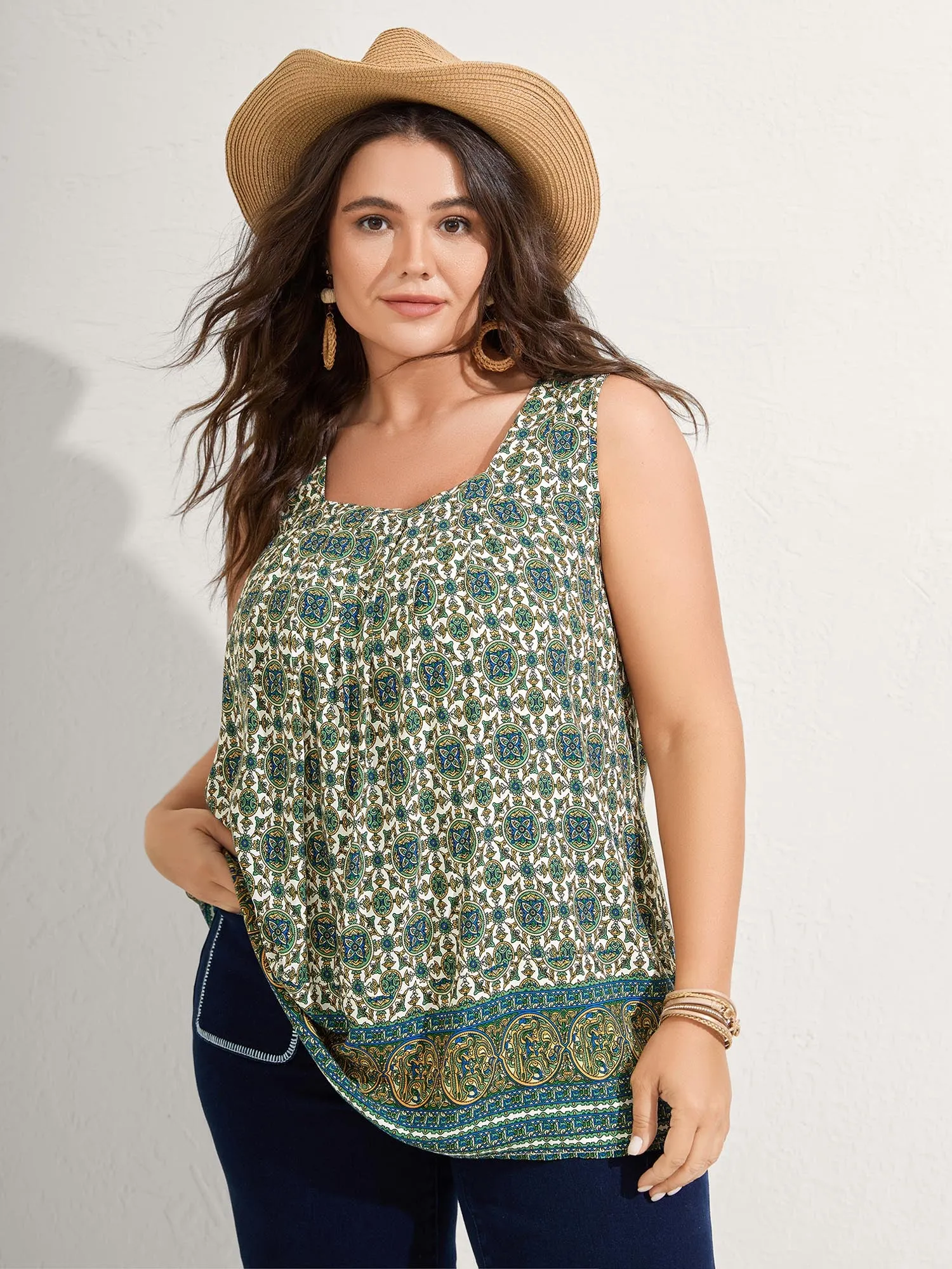 Floral Print Pleated Neckline Tank Top sold by Bloomchic