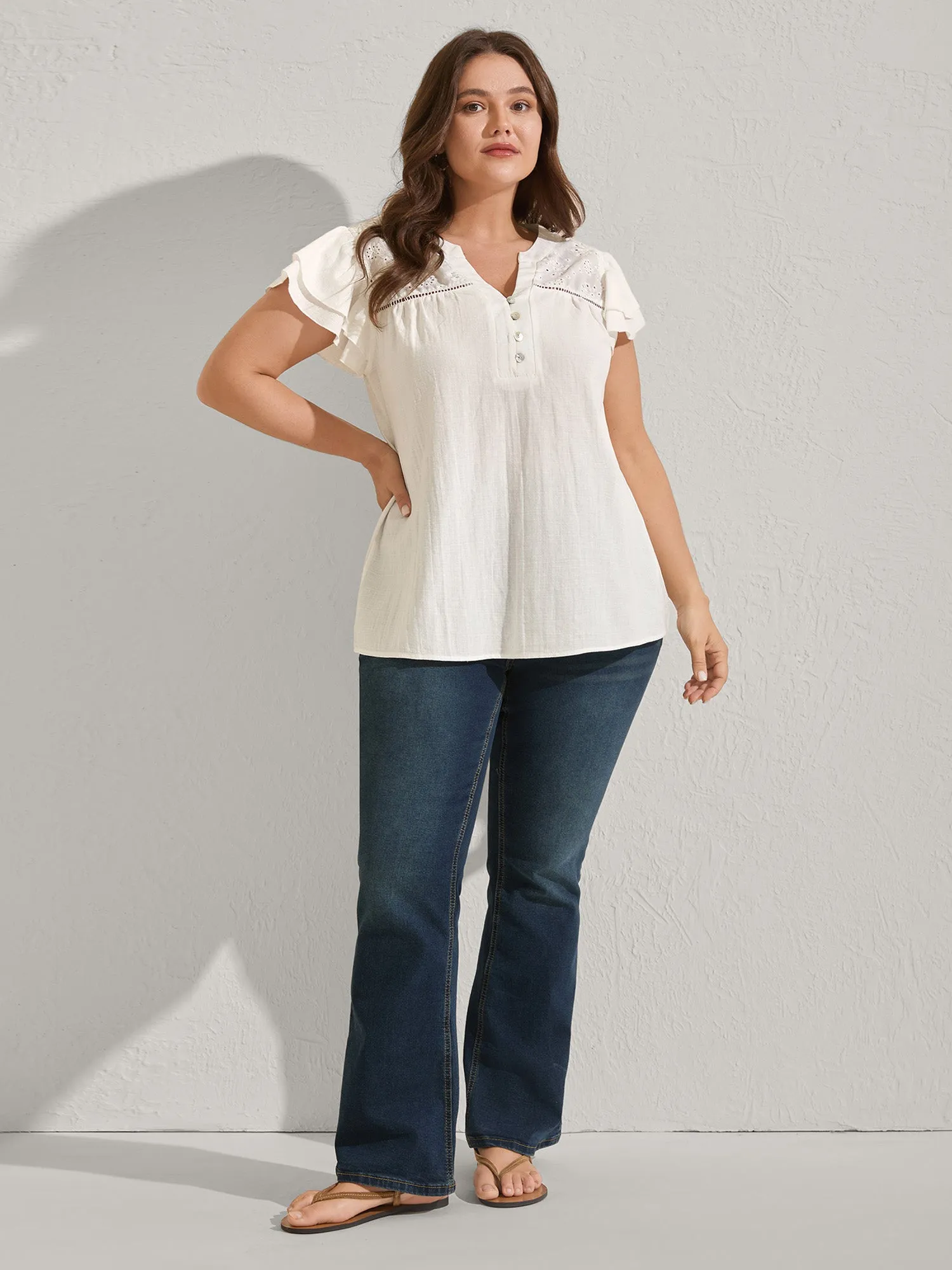 Cotton Lace Eyelet Trim Layered Sleeve Blouse sold by Bloomchic product image thumbnail 3