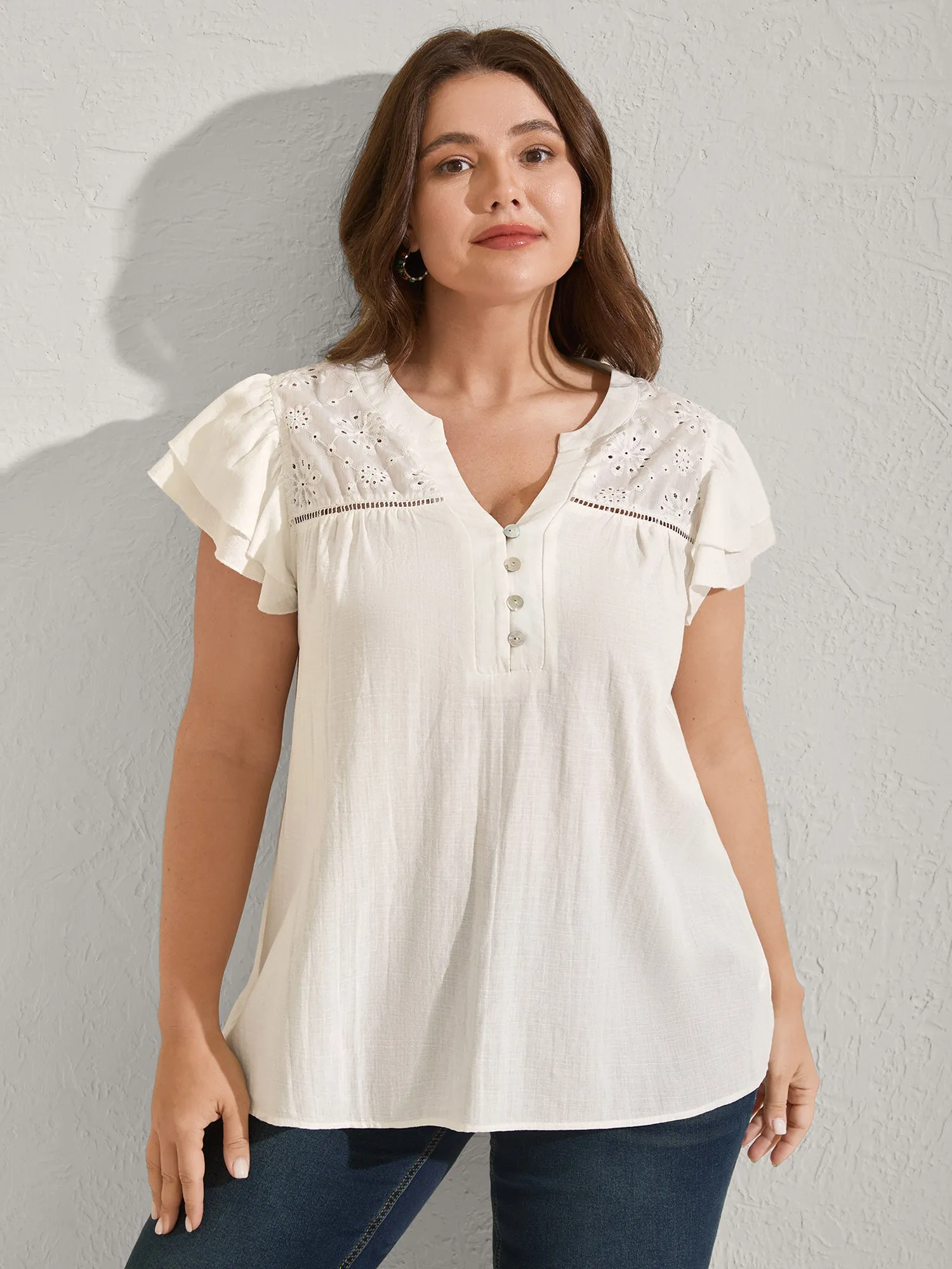Cotton Lace Eyelet Trim Layered Sleeve Blouse sold by Bloomchic product image thumbnail 2
