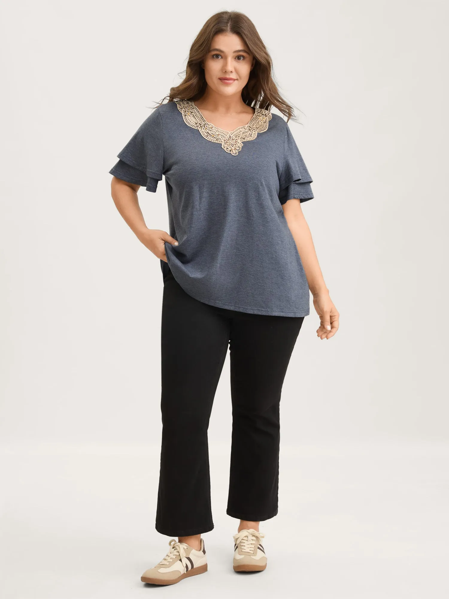 Layered Sleeve Lace Neck Solid T-Shirt sold by Bloomchic product image thumbnail 3