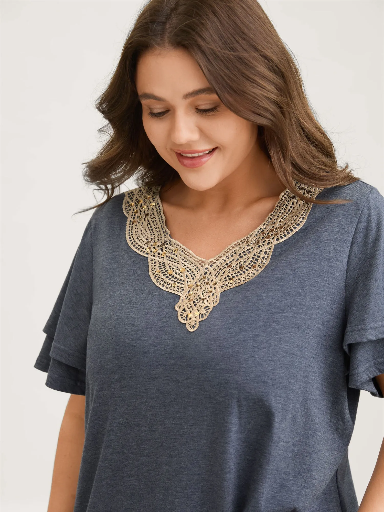 Layered Sleeve Lace Neck Solid T-Shirt sold by Bloomchic product image thumbnail 2