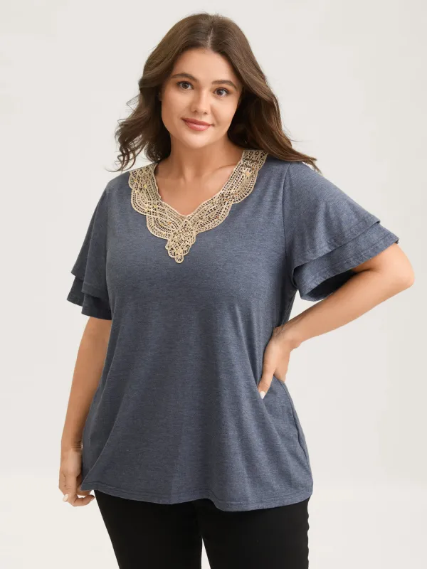 Layered Sleeve Lace Neck Solid T-Shirt sold by Bloomchic