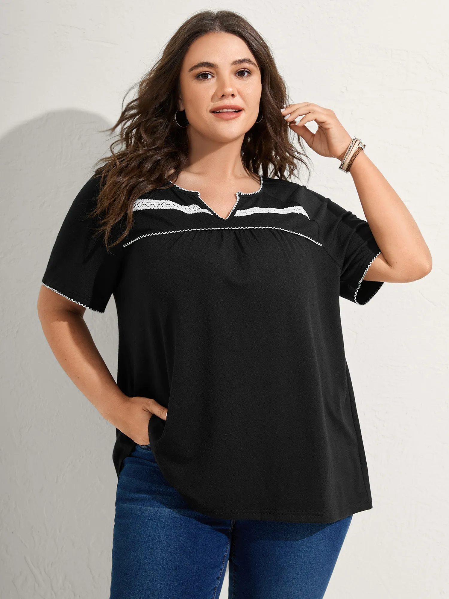 Lace Color Contrast Pleated T-Shirt sold by Bloomchic product image thumbnail 3