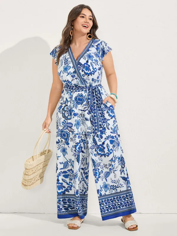 Boho Print Surplice Neck Belted Jumpsuit sold by Bloomchic