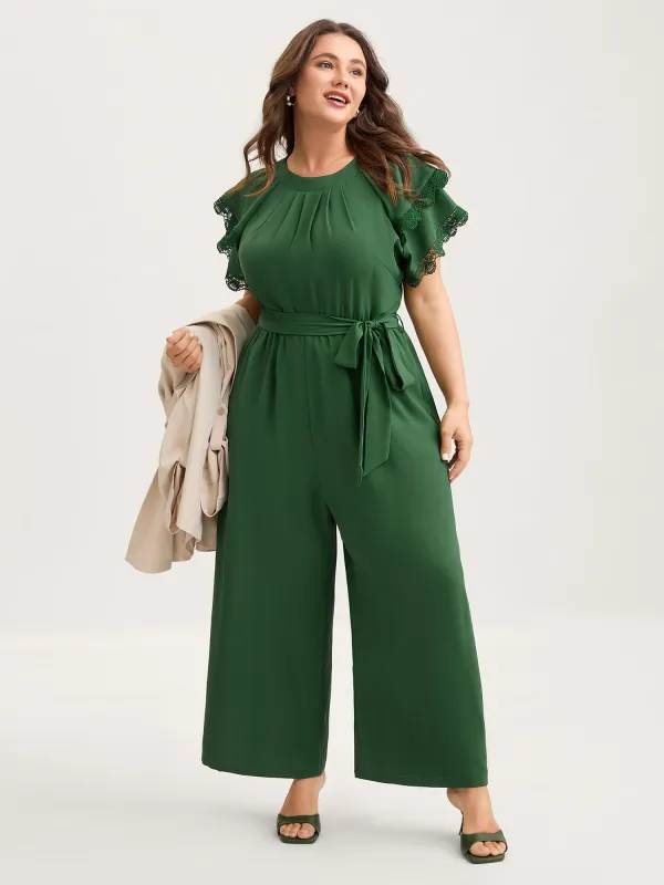 Layered Lace Sleeve Belted Solid Jumpsuit sold by Bloomchic