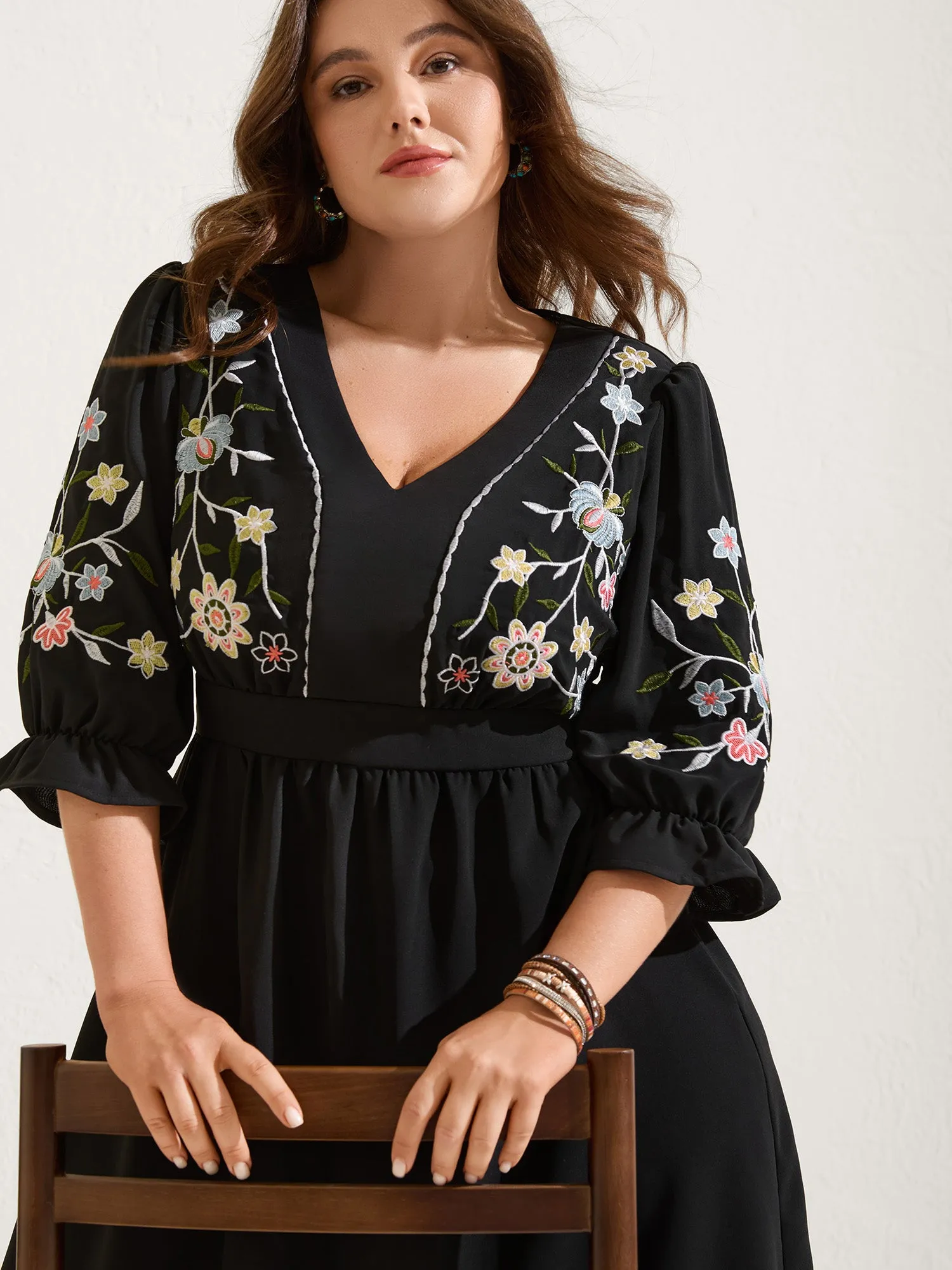 Floral Embroidered V-Neck Pockets Knee Dress sold by Bloomchic