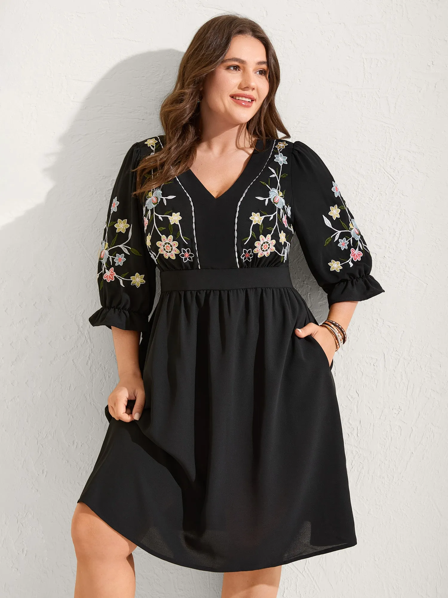Floral Embroidered V-Neck Pockets Knee Dress sold by Bloomchic product image thumbnail 2