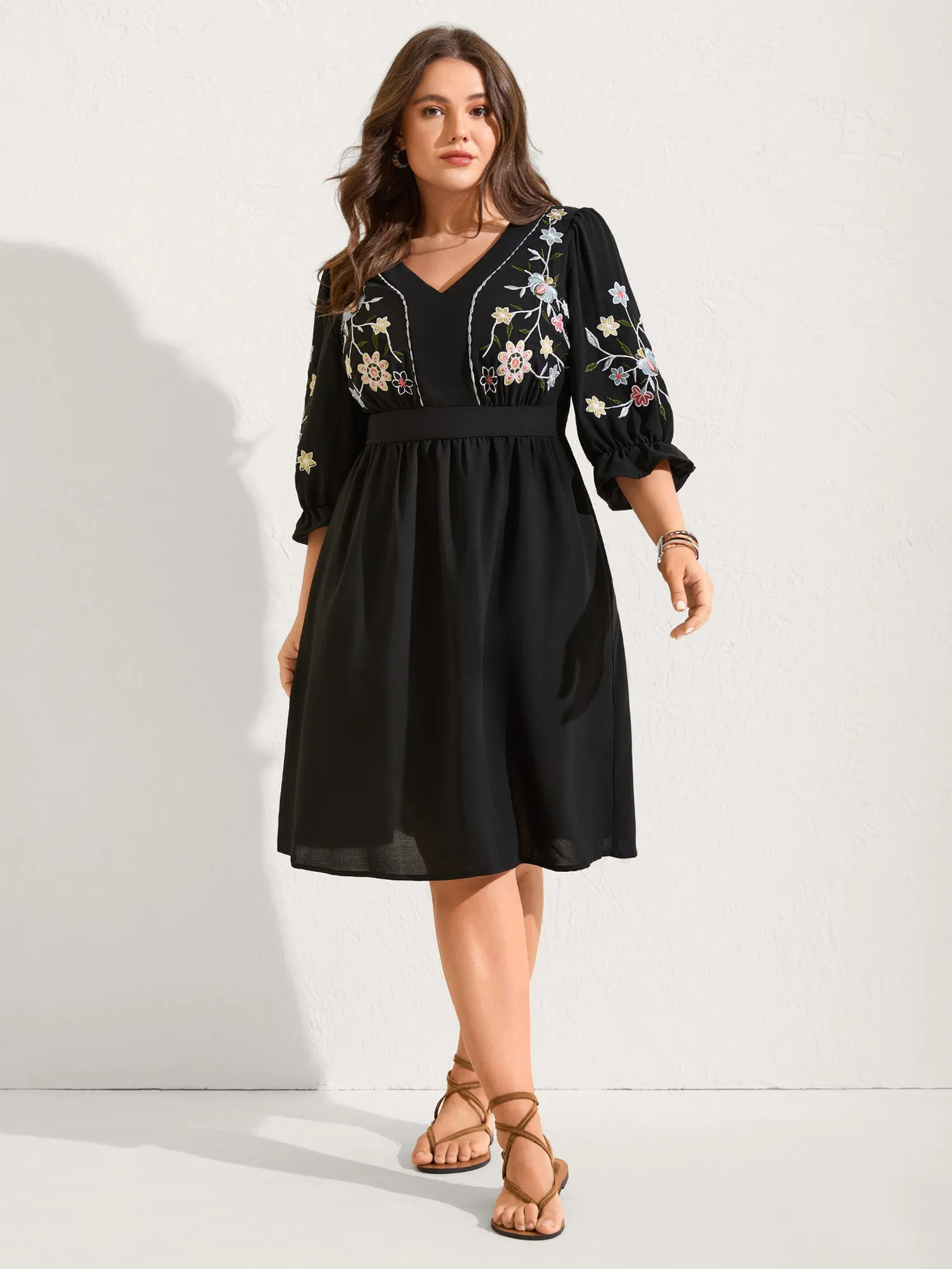 Floral Embroidered V-Neck Pockets Knee Dress sold by Bloomchic product image thumbnail 3